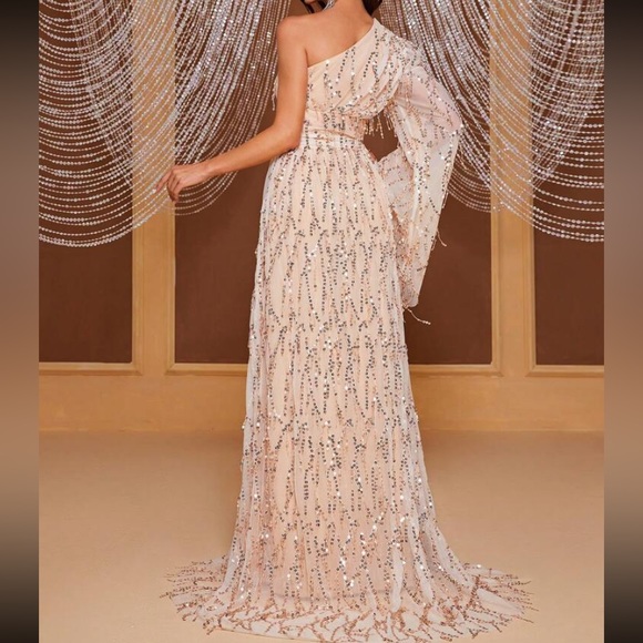 Luxe one shoulder slit thigh party prom wedding holidays sequins dress - Picture 3 of 6